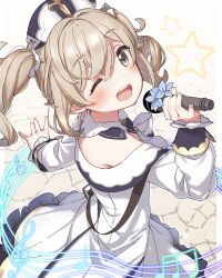 Rule 34 | 1girl, absurdres, barbara (genshin impact), blush, dress, drill hair, genshin impact, grey eyes, hair between eyes, highres, holding, holding microphone, light brown hair, long hair, microphone, musical note, one eye closed, open mouth, priestess, quarter note, solo, star (symbol), treble clef, twin drills, twintails, upper body, white dress, white headwear, yukie (kusaka shi)