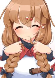 Rule 34 | 1girl, alternate hairstyle, blush, braid, brown hair, closed eyes, closed mouth, gradient background, hair between eyes, hair ornament, hairclip, jacket, kantai collection, komb, long hair, long sleeves, smile, solo, tashkent (kancolle), twin braids, upper body, white jacket