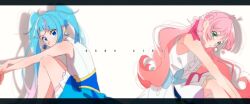 Rule 34 | 2girls, aoi tete, arms on knees, back-to-back, blue dress, blue eyes, blue hair, bow, braid, center frills, commentary, cure prism, cure sky, cut bangs, dress, dress bow, earclip, earrings, english text, french braid, frills, from side, gradient hair, green eyes, hair ribbon, highres, hirogaru sky! precure, jewelry, leaning forward, letterboxed, long hair, looking at viewer, magical girl, medium dress, mismatched earrings, multicolored hair, multiple girls, nijigaoka mashiro, no ascot, no cape, no detached sleeves, no gloves, no hair bow, no hair ornament, no legwear, pink hair, pink ribbon, precure, ribbon, shadow, short dress, side braid, single earring, single sidelock, sitting, sleeveless, sleeveless dress, sora harewataru, streaked hair, stud earrings, twin braids, twintails, very long hair, white dress