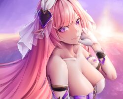 Rule 34 | 1girl, absurdres, armband, bare shoulders, bracer, breasts, cleavage, closed mouth, collarbone, commentary request, diamond in eye, dress, elysia (honkai impact), gloves, hair ornament, heart, heart hair ornament, highres, honkai (series), honkai impact 3rd, huge breasts, korean commentary, long hair, looking to the side, nose, ocean, pink hair, pink lips, pointy ears, purple eyes, purple sky, pyeong-il pyeongil, sky, sleeveless, sleeveless dress, smile, solo, sunset, symbol in eye, two-tone eyes, white armband, white dress, white gloves, white veil