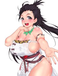 Rule 34 | 1girl, bare shoulders, body markings, breasts, brown eyes, brown hair, dress, facial mark, fate/grand order, fate (series), forehead, forehead mark, highres, himiko (fate), large breasts, long hair, looking at viewer, magatama, magatama necklace, necklace, no bra, no panties, onsoku inu, sash, side slit, sideboob, thighs, topknot, twintails, white dress