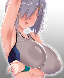 Rule 34 | 1girl, arm under breasts, arm up, blush, breasts, grey background, hair ornament, hairclip, hamakaze (kancolle), highres, kantai collection, large breasts, no eyes, open mouth, silver hair, simple background, solo, sports bra, sweat, sweatband, upper body, yoshi tama