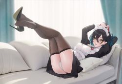 Rule 34 | 1girl, apron, azur lane, black dress, black hair, blue hair, brown thighhighs, cirilla lin, couch, dress, full body, hair between eyes, highres, holding, holding hair, lying, maid headdress, multicolored hair, on back, on couch, panties, shoe dangle, short hair, solo, thighhighs, thighs, two-tone hair, ulrich von hutten (azur lane), ulrich von hutten (mayhem maid) (azur lane), underwear, white apron, white panties, yellow eyes
