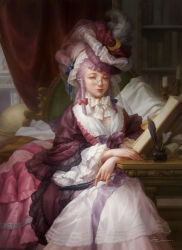 Rule 34 | 1girl, absurdres, alternate costume, bed, blue bow, bonnet, book, bow, closed mouth, commentary request, crescent, dress, feathers, glasses, hair bow, hat, highres, indoors, inkwell, lips, looking at viewer, nose, patchouli knowledge, pince-nez, purple dress, purple eyes, purple hair, realistic, red bow, sitting, solo, touhou, windyakuma