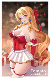 Rule 34 | 1girl, alternate costume, artist name, blonde hair, blue eyes, blurry, blurry background, box, breasts, christmas ornaments, christmas tree, collarbone, commentary request, drill hair, drill sidelocks, drop earrings, earrings, elbow gloves, fur-trimmed leotard, fur trim, genshin impact, gift, gift box, gloves, hair ribbon, highres, holding, holding gift, jewelry, large breasts, leotard, lingerie, long hair, looking at viewer, navia (genshin impact), red gloves, red leotard, red lips, red ribbon, ribbon, sidelocks, smile, solo, standing, strapless, strapless leotard, thighhighs, thighs, tomatolacoon, underwear, white thighhighs