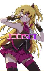 Rule 34 | 1girl, akatsuki uni, ankoku kishi m, armpit crease, bare arms, bare shoulders, black gloves, black jacket, black thighhighs, blonde hair, character name, chromatic aberration, collared jacket, contrapposto, cowboy shot, double v, dress, foreground text, gloves, grin, hair ornament, hairpin, highres, jacket, long hair, looking at viewer, oversized zipper, parted bangs, partially fingerless gloves, partially unzipped, pleated dress, popped collar, purple dress, purple eyes, short dress, simple background, skindentation, sleeveless, sleeveless dress, sleeveless jacket, smile, solo, thighhighs, thighs, two side up, uni create, v, very long hair, virtual youtuber, white background, zettai ryouiki, zipper pull tab