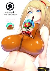Rule 34 | 1girl, blue eyes, breasts, bubble tea, bubble tea challenge, cup, drinking, drinking straw, halterneck, highres, kashu (hizake), large breasts, looking down, metroid, metroid (creature), navel, nintendo, ponytail, pun, samus aran, simple background, solo, stomach, translation request, upper body, wristband