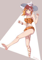 Rule 34 | 1girl, absurdres, barefoot, blush, feet, hat, highres, long hair, love live!, love live! superstar!!, orange hair, purple eyes, shibuya kanon, soles, sun hat, toes, white hat, yzlkun