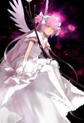 Rule 34 | 10s, 1girl, ankle wings, bow, bow (weapon), cleavage cutout, clothing cutout, cotta, dress, gloves, hair bow, highres, kaname madoka, long hair, magical girl, mahou shoujo madoka magica, mahou shoujo madoka magica (anime), pantyhose, pink hair, sitting, solo, space, twintails, two side up, ultimate madoka, very long hair, weapon, white dress, white gloves, white pantyhose, white wings, wings, yellow eyes