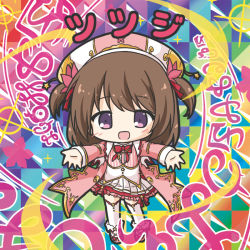 Rule 34 | 1girl, :d, bikkuriman, bikkuriman (style), blush, bow, brown hair, character name, chibi, collared shirt, colorful, flower, flower knight girl, full body, hair flower, hair ornament, hat, iridescent, jacket, long hair, looking at viewer, multicolored background, open clothes, open jacket, open mouth, outstretched arms, parody, pink footwear, pink jacket, pleated skirt, purple eyes, red bow, red flower, ri-net, shirt, shoes, skirt, smile, solo, sticker, style parody, thighhighs, tsutsuji (flower knight girl), two side up, white hat, white shirt, white skirt, white thighhighs