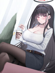 Rule 34 | 1girl, black pantyhose, black skirt, blue archive, blush, breasts, cleavage, closed mouth, coffee cup, collarbone, cup, disposable cup, hair ornament, hairpin, halo, highres, holding, holding cup, large breasts, long sleeves, looking at viewer, pantyhose, rio (blue archive), shirt, shougun (chuckni1), skirt, solo, white shirt