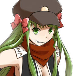 Rule 34 | 1girl, assassin cross (ragnarok online), black gloves, black hat, black leotard, bow, breasts, cabbie hat, cleavage, commentary request, elbow gloves, gloves, green eyes, green hair, grin, hair bow, hat, leotard, long hair, looking at viewer, medium breasts, natsuya (kuttuki), pink bow, ragnarok online, red scarf, revealing clothes, scarf, simple background, smile, solo, upper body, vambraces, white background