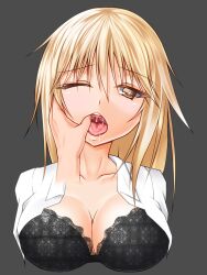 Rule 34 | 1girl, 1other, ambiguous gender, black bra, blonde hair, bra, breasts, bright pupils, brown eyes, cleavage, commentary request, cropped torso, disembodied hand, finger in another&#039;s mouth, grey background, hair between eyes, hand on another&#039;s face, large breasts, long hair, looking at viewer, mitty (bareg 09), one eye closed, open clothes, open mouth, open shirt, pov, pov hands, saliva, shirt, shokuhou misaki, simple background, star-shaped pupils, star (symbol), symbol-shaped pupils, teeth, toaru kagaku no railgun, toaru kagaku no railgun s, toaru majutsu no index, tongue, underwear, upper body, upper teeth only, uvula, white pupils, white shirt