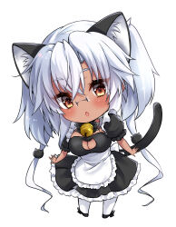 Rule 34 | 1girl, absurdres, animal ear fluff, animal ears, apron, bell, black dress, black footwear, breasts, brown hair, cat cutout, cat ears, cat hair ornament, cat tail, chibi, cleavage cutout, clothing cutout, commentary, crossed bangs, dark-skinned female, dark skin, dress, extra ears, fang, frilled apron, frills, full body, glasses, grey hair, hair between eyes, hair ornament, highres, kantai collection, kemonomimi mode, large breasts, long hair, looking at viewer, low twintails, mashiro yukiya, musashi (kancolle), musashi kai ni (kancolle), neck bell, puffy short sleeves, puffy sleeves, rimless eyewear, short sleeves, skin fang, solo, standing, tail, twintails, very long hair, white apron
