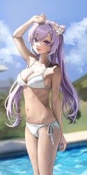 Rule 34 | 1girl, absurdres, arm up, armpits, bare arms, bare shoulders, bikini, blurry, blurry background, breasts, cleavage, day, depth of field, fankey, flower, genshin impact, hair flower, hair ornament, highres, keqing (genshin impact), long hair, looking at viewer, medium breasts, navel, outdoors, pink eyes, purple hair, side-tie bikini bottom, solo, standing, stomach, string bikini, sunlight, swimsuit, thighs, twintails, wet, white bikini