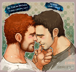 Rule 34 | 2boys, bad id, bad tumblr id, bara, beard stubble, blush, brad melnick, brown hair, coming out on top, couple, facial hair, finger to another&#039;s mouth, forehead-to-forehead, from side, hand on another&#039;s hand, happy, heads together, intertwined hair, long sideburns, male focus, mark matthews, mature male, medium sideburns, multiple boys, mustache stubble, neckbeard, noses touching, orange hair, portrait, profile, rumlockerart, shirt, short hair, sideburns, sideburns stubble, smile, sparse stubble, stubble, t-shirt, thick eyebrows, yaoi