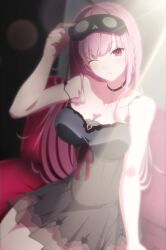 Rule 34 | absurdres, black nightgown, head tilt, highres, hololive, hololive english, light rays, mori calliope, nightgown, one eye closed, pink hair, red eyes, shimada (odddddd64), sitting, sunbeam, sunlight, virtual youtuber