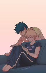2boys, absurdres, alternate costume, ass, bakugou katsuki, bangs, barefoot, black shirt, blonde hair, blue eyes, blue hair, boku no hero academia, closed mouth, clothes writing, collarbone, commentary request, freckles, green hair, grey background, hand on own chin, hand on own face, highres, male focus, midoriya izuku, multiple boys, pants, reading, scar, shirt, short hair, short sleeves, simple background, sitting, spiked hair, sweat, t-shirt, thinking, wengwengchim, yellow shirt