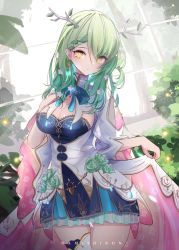 1girl absurdres antlers blue_bow bow braid braided_bangs breasts ceres_fauna cleavage cleavage_cutout clothing_cutout flower framed_breasts french_braid green_flower green_hair hair_flower hair_ornament highres hololive hololive_english horns jewelry large_breasts leaf mole mole_under_eye namishiron single_braid solo virtual_youtuber yellow_eyes