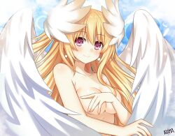 Rule 34 | 1girl, angel wings, blonde hair, breasts, covering privates, covering breasts, date a live, earrings, feathered wings, gekijouban date a live: mayuri judgement, hair between eyes, hand on own chest, hands up, head wings, highres, jewelry, lewdkuma, long hair, looking at viewer, mayuri (date a live), medium breasts, pink eyes, signature, smile, solo, topless, upper body, very long hair, white wings, wings