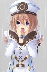 Rule 34 | 1girl, bad id, bad pixiv id, bare shoulders, blanc (neptunia), blue eyes, blush, brown hair, choujigen game neptune, coat, d:, fur trim, hands on own face, hat, keenh, looking at viewer, neptune (series), open mouth, rain, short hair, simple background, solo, surprised, white coat