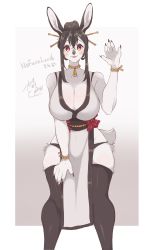 Rule 34 | 1girl, absurdres, animal ears, artist name, bare shoulders, black hair, black legwear, black nails, blush, border, breasts, circe ciri, cleavage, collarbone, commission, eyebrows, fur, furry, furry female, galette71799907, hair between eyes, hair ornament, hair stick, highres, japanese clothes, large breasts, looking at viewer, nail polish, nofacelord, open mouth, original, pelvic curtain, rabbit, rabbit ears, rabbit girl, rabbit tail, red eyes, rope, rope necklace, shadow, signature, simple background, skeb commission, smile, solo, standing, tagme, tail, teeth, thighhighs, white fur