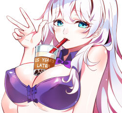 Rule 34 | 1girl, aged up, alternate breast size, blue eyes, bra, breasts, bubble tea, bubble tea challenge, deany, english text, large breasts, long hair, looking at viewer, purple bra, solo, soulworker, stella unibell, underwear, white background, white hair