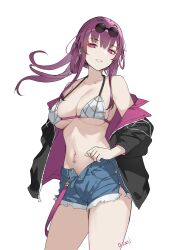 Rule 34 | 1girl, alternate costume, bare shoulders, bikini, bikini top only, black jacket, blue shorts, breasts, chinese commentary, cleavage, commentary, cowboy shot, cutoffs, denim, denim shorts, do2mi doreimi, eyewear on head, floating hair, grin, halterneck, highres, honkai: star rail, honkai (series), jacket, kafka (honkai: star rail), large breasts, long hair, long sleeves, looking at viewer, navel, navel piercing, off shoulder, open clothes, open fly, open jacket, piercing, pink eyes, ponytail, purple hair, round eyewear, short shorts, shorts, simple background, skindentation, smile, solo, standing, stomach, string bikini, sunglasses, suspenders hanging, swimsuit, thighs, white background, white bikini