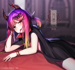 Rule 34 | 1girl, bangle, bat hair ornament, black cape, blush, bracelet, cape, character name, hair ornament, hairclip, highres, horns, jewelry, kantai collection, long hair, looking at viewer, md5 mismatch, open mouth, purple hair, smile, solo, tsushima (kancolle), twitter username, unidentified nk, vampire costume, yellow eyes