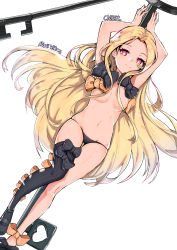 Rule 34 | 1girl, abigail williams (fate), abigail williams (second ascension) (fate), absurdres, arms up, artist name, black bow, black hat, black panties, black thighhighs, blonde hair, blush, bow, bow legwear, character name, chopark, fate/grand order, fate (series), hat, hat bow, highres, key, long hair, looking at viewer, navel, orange bow, oversized object, panties, polka dot, polka dot bow, red eyes, ribbed legwear, simple background, single thighhigh, solo, thighhighs, underwear, very long hair, white background, witch hat
