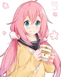 Rule 34 | 1girl, blue eyes, blush, cardigan, closed mouth, commentary request, hair between eyes, hair ornament, hair scrunchie, holding, kagamihara nadeshiko, long hair, long sleeves, looking at viewer, low twintails, nahaki, necktie, nissin cup noodle, pink hair, school uniform, scrunchie, serafuku, shirt, sleeves past wrists, smile, solo, twintails, very long hair, white background, white necktie, white scrunchie, white shirt, yurucamp