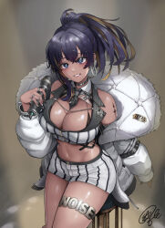 Rule 34 | 1girl, arm strap, bare shoulders, between breasts, black hair, black necktie, black shorts, blonde hair, blue eyes, breasts, cleavage, colored inner hair, cropped shirt, dark-skinned female, dark skin, earrings, goddess of victory: nikke, hair ornament, hairclip, high ponytail, highres, holding, holding microphone, jacket, jewelry, large breasts, looking at viewer, microphone, multicolored hair, navel, necktie, necktie between breasts, noise (classic diva) (nikke), noise (nikke), off shoulder jacket, official alternate costume, sagle, shorts, signature, sitting, solo, streaked hair, striped clothes, striped shorts, two-tone shirt, two-tone shorts, white jacket, white shorts