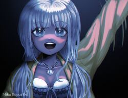 Rule 34 | 1girl, :d, arm up, artist name, bikini, black background, blue background, blunt bangs, collarbone, commentary, danganronpa (series), danganronpa v3: killing harmony, dark-skinned female, dark skin, frilled bikini, frills, grey eyes, grey hair, hair over shoulder, highres, jacket, jewelry, long hair, long sleeves, looking at viewer, low twintails, necklace, nika kapustka, open clothes, open jacket, open mouth, shell, shell necklace, shiny skin, smile, solo, swimsuit, teeth, twintails, upper body, upper teeth only, watermark, yonaga angie