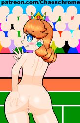 Rule 34 | 1girl, absurdres, anus, ass, ass focus, back, blue eyes, blush, brown hair, chaoschrome, crown, earrings, from behind, highres, jewelry, looking at viewer, mario (series), mario tennis, nintendo, nude, princess daisy, pussy, short hair, smile, solo, spread ass, super mario land, thick thighs, thighs, tomboy, uncensored, v, w