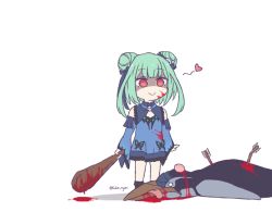 Rule 34 | 1girl, blood, blood on face, blood splatter, bloody weapon, blue dress, closed mouth, club (weapon), double bun, dress, green hair, hair bun, heart, holding, holding club, holding weapon, hololive, kukie-nyan, long sleeves, red eyes, shaded face, simple background, smile, solo, twitter username, uruha rushia, uruha rushia (1st costume), virtual youtuber, weapon, white background, yandere