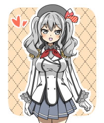 Rule 34 | 10s, 1girl, :d, beret, breasts, buttons, epaulettes, frilled sleeves, frills, gloves, grey eyes, grey hair, hat, heart, highres, jacket, kantai collection, kashima (kancolle), kawabatake, kerchief, large breasts, looking at viewer, military, military uniform, miniskirt, open mouth, pleated skirt, sidelocks, skirt, smile, solo, tsurime, twintails, uniform, wavy hair, white gloves