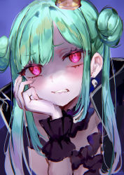 Rule 34 | 1girl, absurdres, blush, clenched teeth, disgust, double bun, earrings, gradient hair, green hair, hair bun, hand up, highres, hololive, jewelry, looking at viewer, mile (off8mile), multicolored hair, pink eyes, skull earrings, solo, symbol in eye, teeth, twintails, upper body, uruha rushia, uruha rushia (3rd costume), virtual youtuber, wristband