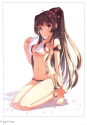 Rule 34 | 1girl, absurdres, bare shoulders, barefoot, bikini, breasts, brown hair, cleavage, closed mouth, collarbone, h2so4, highres, holding, kantai collection, kneeling, long hair, looking at viewer, medium breasts, navel, petals, ponytail, scan, simple background, smile, solo, stomach, swimsuit, thighs, toes, underboob, very long hair, yamato (kancolle)