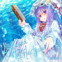 Rule 34 | 1girl, :o, air bubble, album cover, blue ribbon, blunt bangs, blush, book, bookmark, bubble, circle name, commentary request, cover, crescent, crescent pin, dress, eyes visible through hair, feet out of frame, fingernails, frilled sleeves, frills, grimoire, hair ribbon, hand up, hat, hat ribbon, hexagram, holding, holding book, index finger raised, jitome, light blush, long hair, long sleeves, looking at viewer, magic circle, mob cap, neck ribbon, patchouli knowledge, puffy long sleeves, puffy sleeves, purple dress, purple eyes, purple hair, red ribbon, ribbon, sidelocks, sitting, solo, touhou, umarutsufuri, underwater