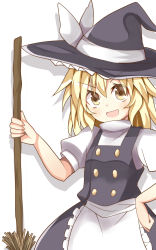 Rule 34 | 1girl, apron, black dress, blonde hair, bow, braid, broom, buttons, dress, hat, hat bow, hat ribbon, highres, keyaki chimaki, kirisame marisa, open mouth, puffy sleeves, ribbon, short sleeves, side braid, simple background, single braid, solo, touhou, waist apron, white bow, witch hat, yellow eyes