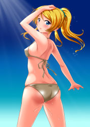 Rule 34 | 10s, 1girl, ass, ayase eli, bikini, blonde hair, blue eyes, breasts, covered erect nipples, from behind, highres, kaze makase, large breasts, long hair, looking back, love live!, love live! school idol project, ponytail, solo, sparkle, standing, swimsuit, wet