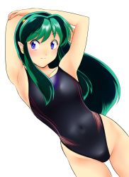 Rule 34 | 1girl, absurdres, armpits, arms behind head, arms up, black one-piece swimsuit, blue eyes, collarbone, commentary request, competition swimsuit, covered navel, cowboy shot, green hair, highres, horns, long hair, looking at viewer, lum, makeup, nanao futaba, one-piece swimsuit, pointy ears, simple background, smile, solo, swimsuit, urusei yatsura, white background