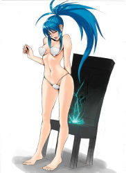 Rule 34 | 1girl, barefoot, bikini, blue hair, breasts, chair, cleavage, electricity, full body, leona heidern, long hair, navel, ogami, pasties, ponytail, shell, shell bikini, small breasts, snk, solo, swimsuit, the king of fighters, underboob, white background, wince