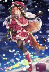 Rule 34 | 1girl, absurdres, alternate costume, animal ears, black thighhighs, blue eyes, blush, commentary request, gift, gift bag, hat, heavy breathing, highres, horse ears, horse girl, leg up, long hair, looking at viewer, open mouth, orange hair, pandoa (mikage0495), santa costume, santa hat, silence suzuka (umamusume), solo, thighhighs, umamusume