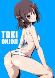 Rule 34 | 1girl, ass, back, bare back, bare shoulders, bikini, blue background, blue eyes, blush, breasts, brown hair, butt crack, character name, commentary request, from behind, highres, looking at viewer, looking back, medium breasts, onjouji toki, open mouth, saki (manga), shiny skin, short hair, side-tie bikini bottom, simple background, skindentation, solo, standing, sweat, swimsuit, white bikini, xiao rui rui