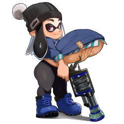 Rule 34 | 1girl, absurdres, beanie, black hair, black hat, black leggings, blue footwear, blush, boots, breast hold, breasts, closed mouth, cross-laced footwear, eyebrows, female focus, full body, h-3 nozzlenose (splatoon), hat, highres, holding, holding weapon, huge breasts, inkling (language), inkling player character, leggings, long sleeves, looking at viewer, naze, nintendo, oppai loli, pointy ears, shadow, simple background, smile, solo, splatoon (series), standing, tentacle hair, underboob, weapon, white background