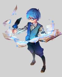 Rule 34 | 10s, 1boy, bad id, bad pixiv id, blue eyes, blue fire, blue hair, book, bow, bowtie, fate/extra, fate/extra ccc, fate (series), feathers, fire, glasses, hans christian andersen (fate), heru (goldprin), highres, male focus, matching hair/eyes, quill, solo, vest