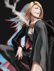 Rule 34 | 1boy, 2016-514, absurdres, black background, black jacket, black nails, black pants, blonde hair, cigarette, fate/grand order, fate (series), flapper shirt, hand on own thigh, highres, holding, holding cigarette, jacket, long hair, male focus, midriff, midriff peek, nail, no eyewear, open clothes, open jacket, pants, pectoral cleavage, pectorals, shirt, simple background, smoke, solo, squatting, tezcatlipoca (fate), white shirt