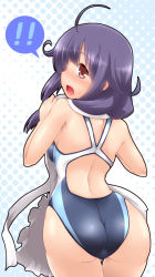Rule 34 | !, !!, 10s, 1girl, ahoge, apron, ass, blush, competition swimsuit, highres, kantai collection, long hair, low ponytail, one-piece swimsuit, open mouth, purple hair, red eyes, solo, spoken exclamation mark, swimsuit, taigei (kancolle), twintails, yoshi tama