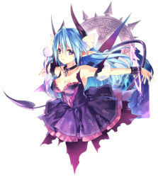 Rule 34 | 1girl, armpits, bare shoulders, blue hair, breasts, circle skirt, cleavage, collar, crucifixion, cuffs, demon girl, demon tail, detached sleeves, dress, earrings, highres, hirano katsuyuki, horns, jewelry, long hair, medium breasts, no legs, original, outstretched arms, parted lips, pointy ears, puffy detached sleeves, puffy sleeves, purple dress, purple eyes, purple hair, restrained, shackles, simple background, solo, spread arms, strapless, strapless dress, tail, white background